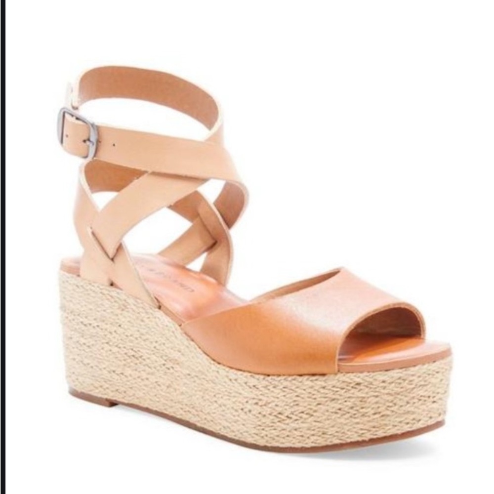 Lucky Brand Caramel Ginny Espadrille Open Toe Leather Wedge Sandal Size 9.5